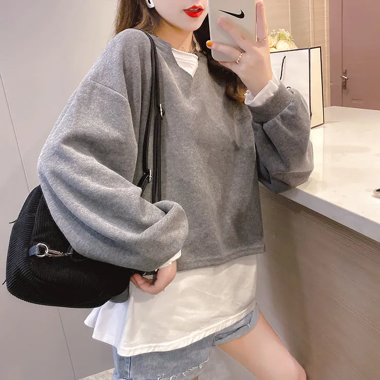 2022 new fake 2 piece pullover loose fit clothes long-sleeved oversize sweater jumper plus size