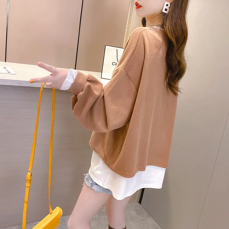 2022 new fake 2 piece pullover loose fit clothes long-sleeved oversize sweater jumper plus size
