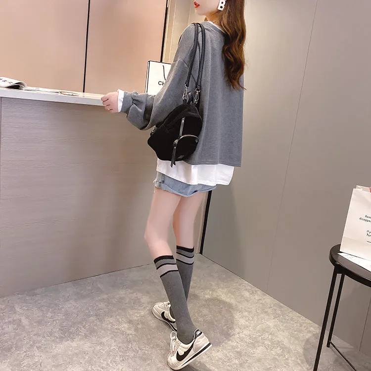 2022 new fake 2 piece pullover loose fit clothes long-sleeved oversize sweater jumper plus size