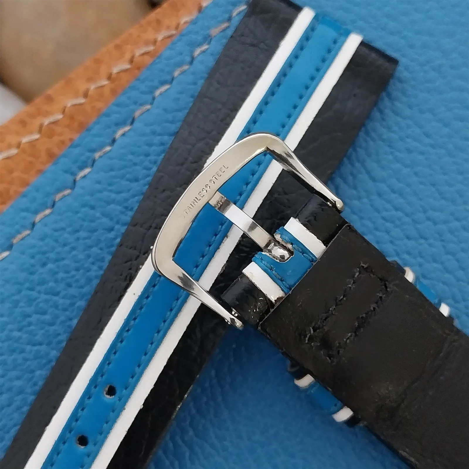 20mm Caravelle Bulova Black &Blue Stripe Leather Unused 1970s Vintage Watch Band