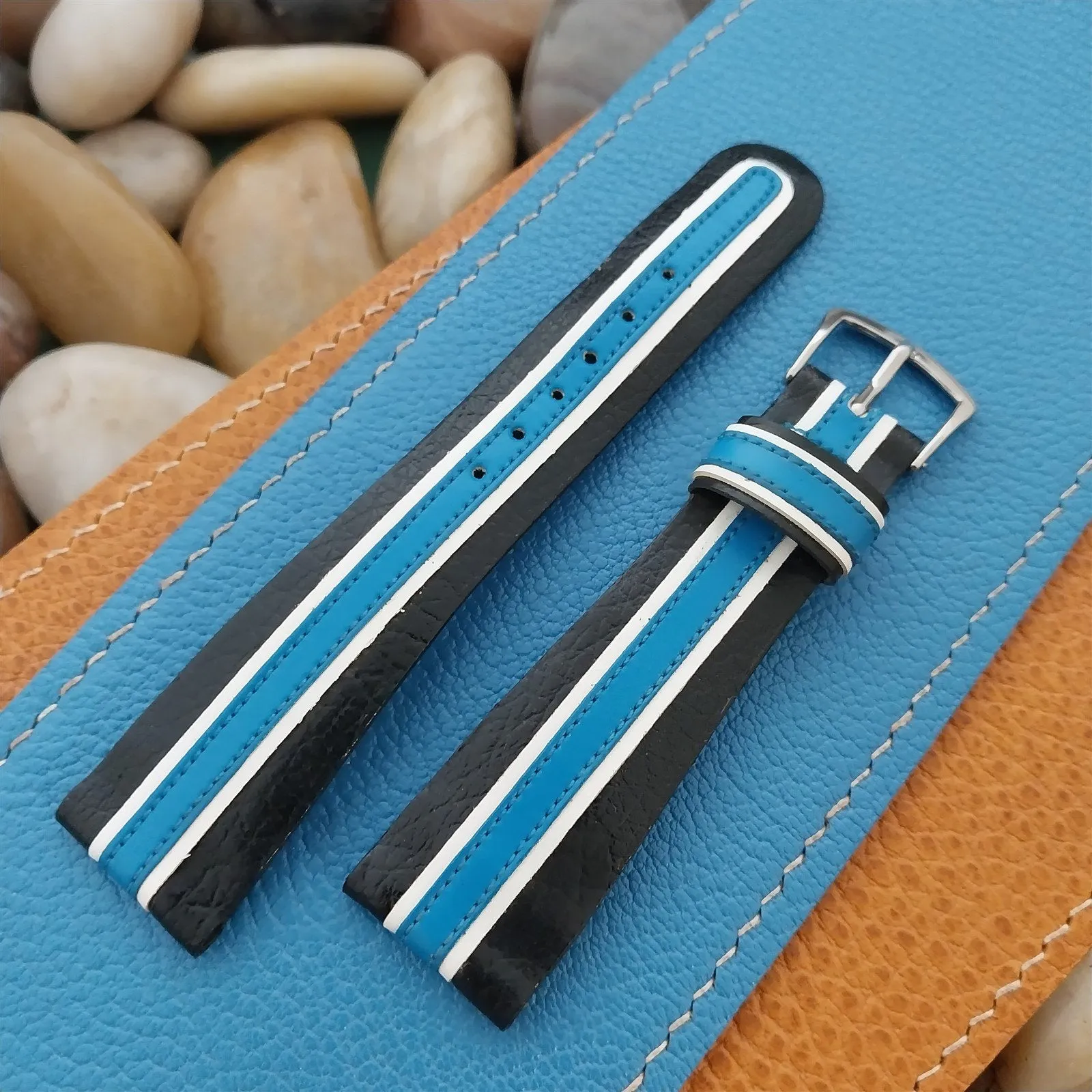 20mm Caravelle Bulova Black &Blue Stripe Leather Unused 1970s Vintage Watch Band
