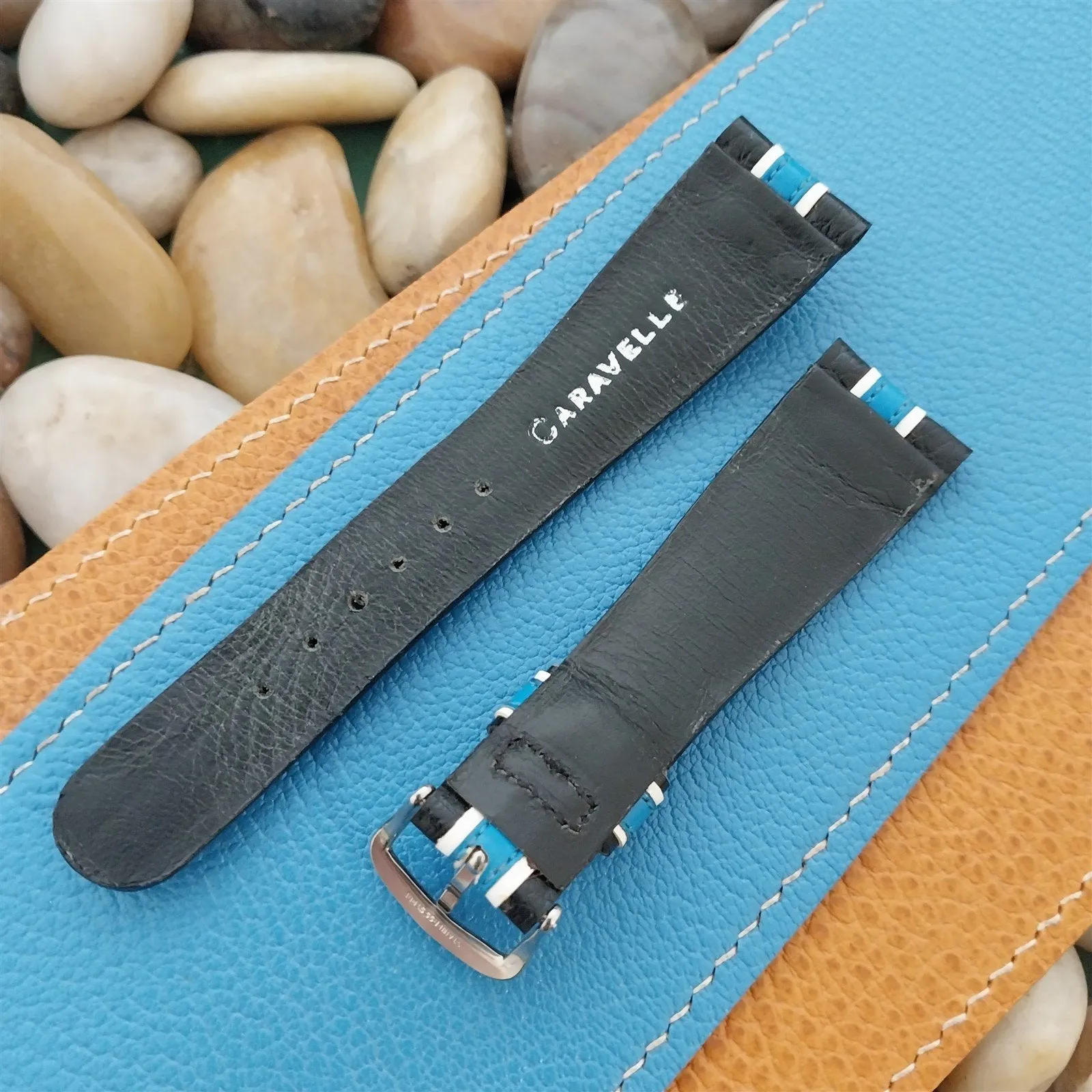 20mm Caravelle Bulova Black &Blue Stripe Leather Unused 1970s Vintage Watch Band