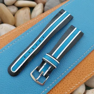 20mm Caravelle Bulova Black &Blue Stripe Leather Unused 1970s Vintage Watch Band