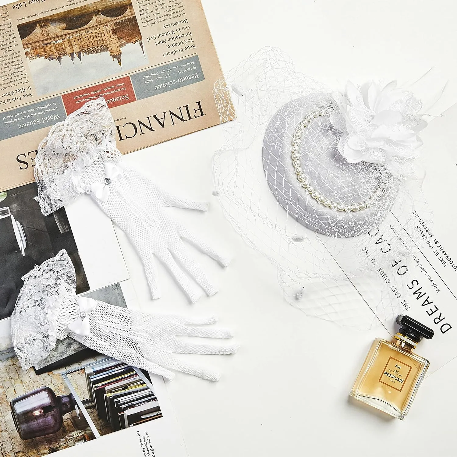 20s 50s Pillbox Derby Fascinator Hat Veil Feather Fascinators Hair Clip Wedding Tea Party Hat and Short Lace Gloves for Women