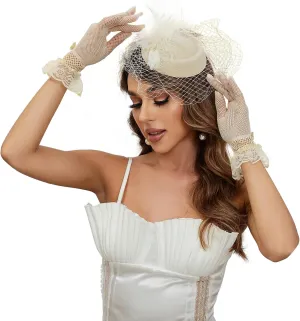 20s 50s Pillbox Derby Fascinator Hat Veil Feather Fascinators Hair Clip Wedding Tea Party Hat and Short Lace Gloves for Women