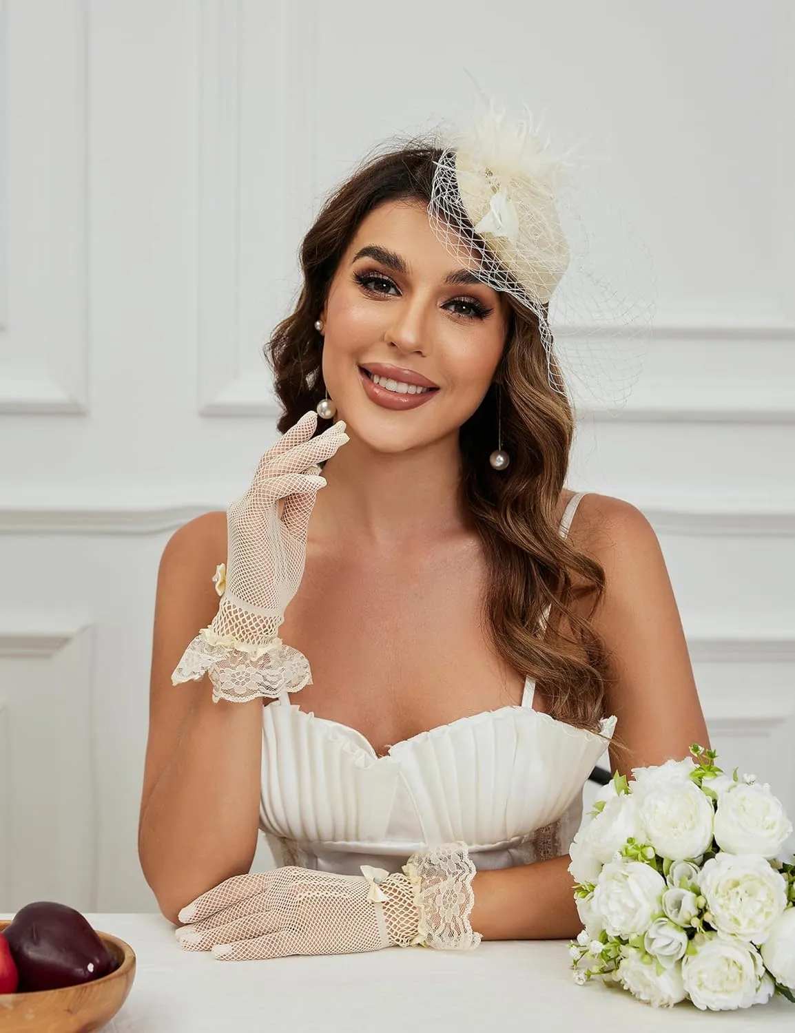 20s 50s Pillbox Derby Fascinator Hat Veil Feather Fascinators Hair Clip Wedding Tea Party Hat and Short Lace Gloves for Women