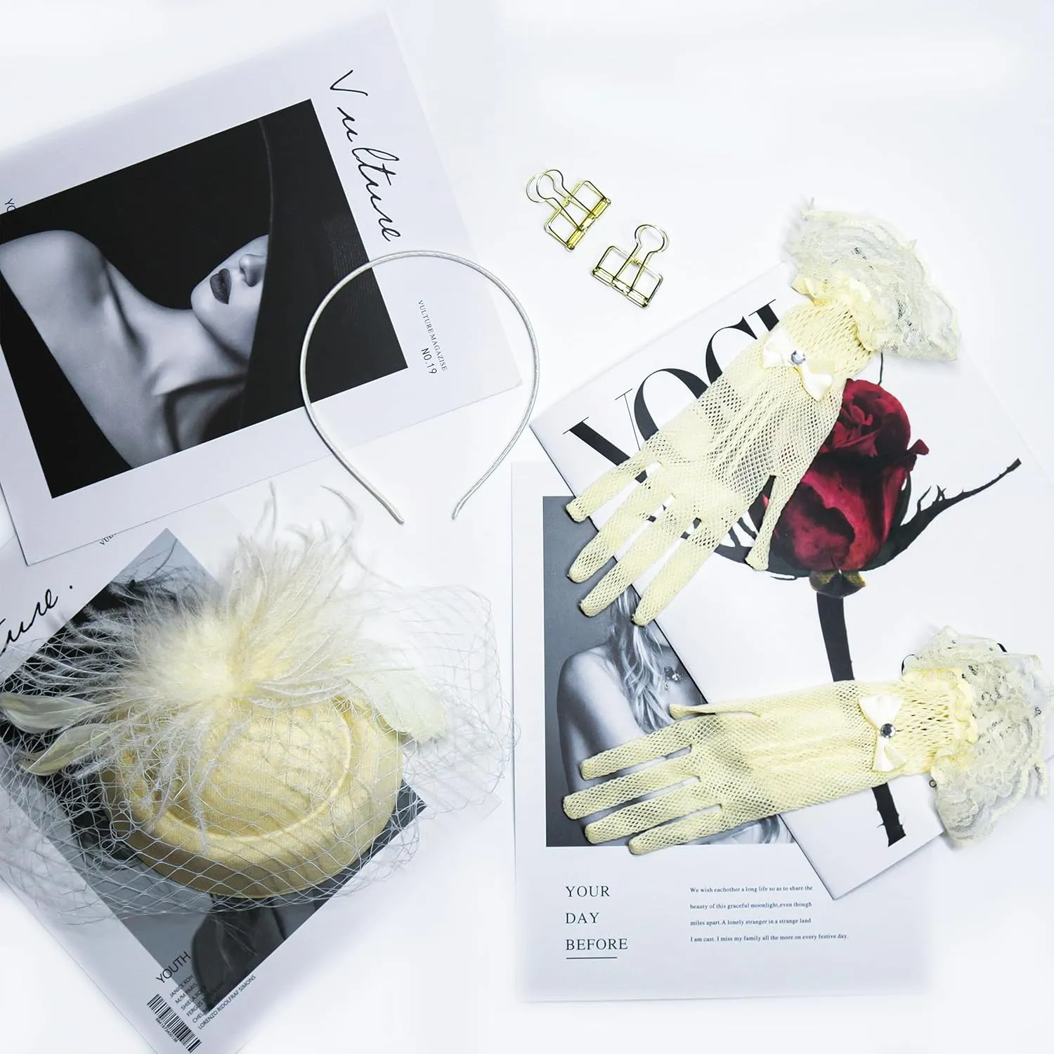 20s 50s Pillbox Derby Fascinator Hat Veil Feather Fascinators Hair Clip Wedding Tea Party Hat and Short Lace Gloves for Women