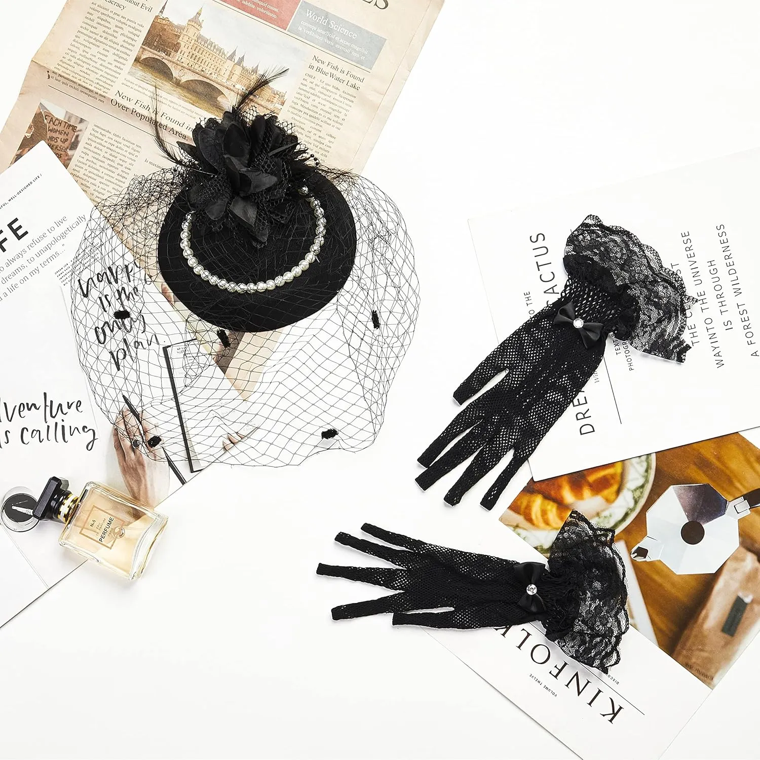 20s 50s Pillbox Derby Fascinator Hat Veil Feather Fascinators Hair Clip Wedding Tea Party Hat and Short Lace Gloves for Women