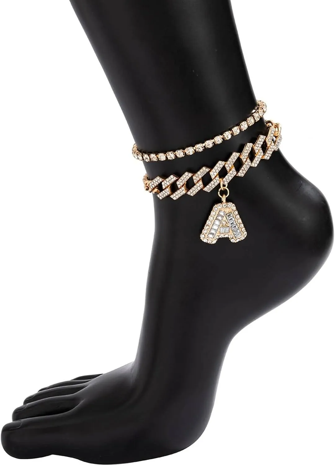 2Pcs Anklet Bracelet for Women Adjustable Cubic Zirconia with Letter A Pendant Anklets Beach Anklet Adjustable Foot Jewelry for Girls
