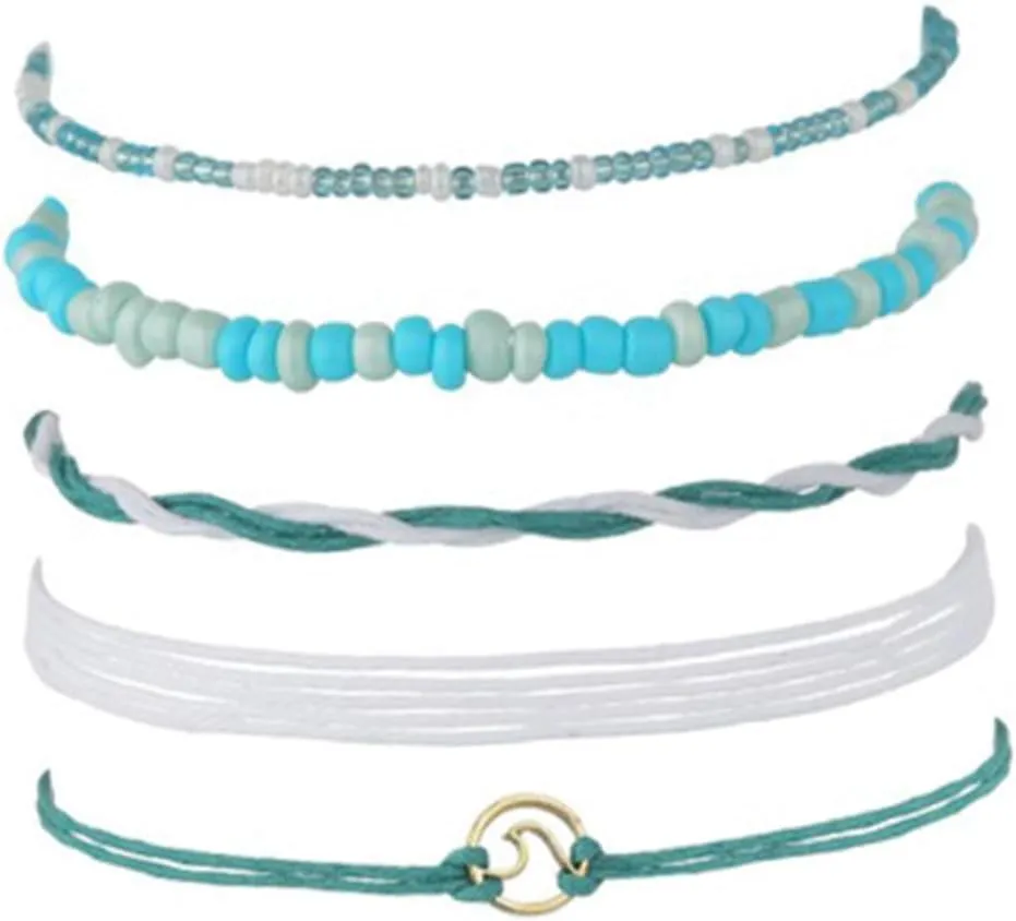 2pcs Anklet Foot Accessory Woven Chain Jewelry Beads Bracelet Leather Rope To Weave