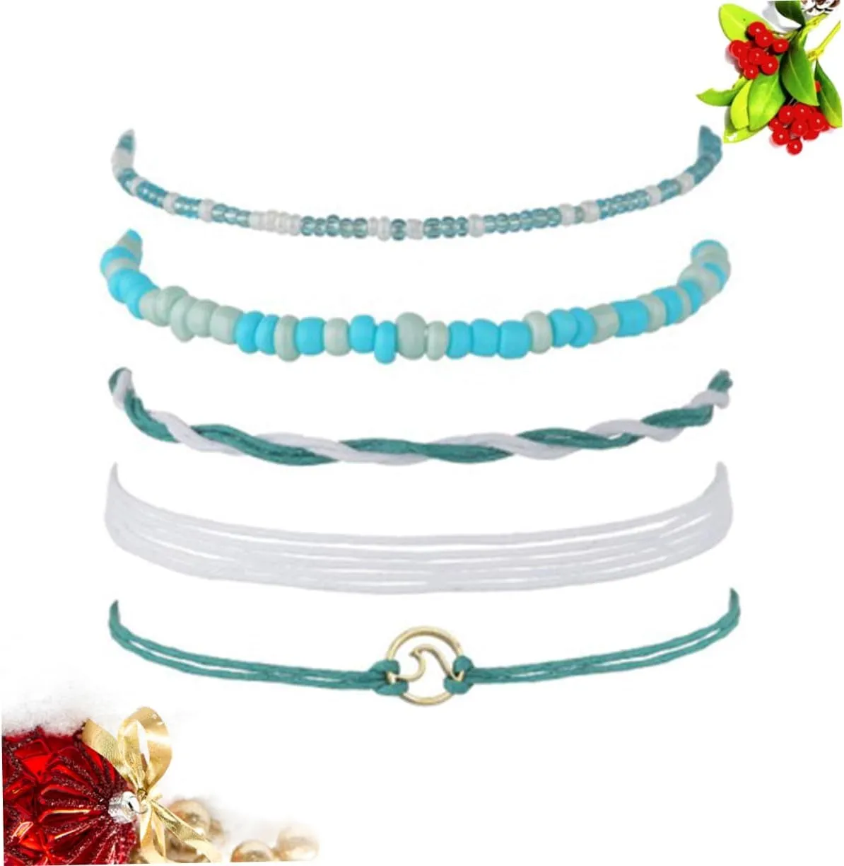 2pcs Anklet Foot Accessory Woven Chain Jewelry Beads Bracelet Leather Rope To Weave