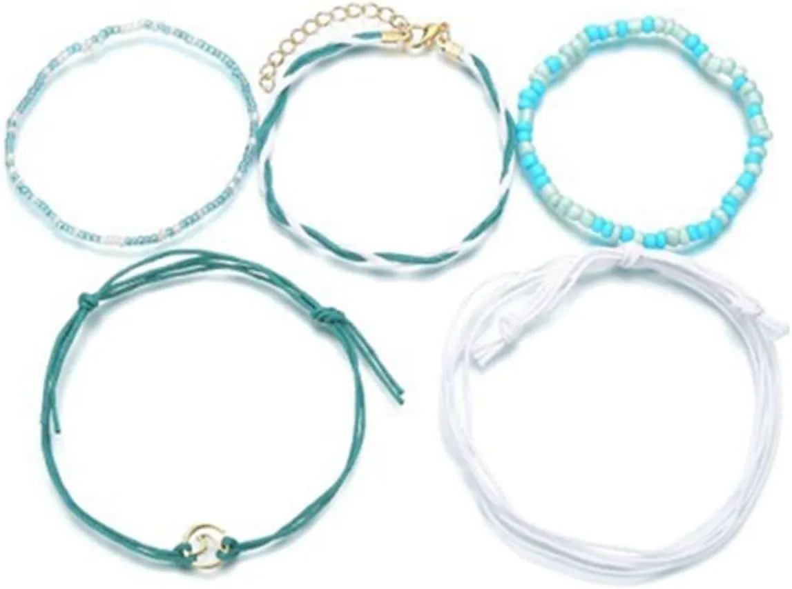 2pcs Anklet Foot Accessory Woven Chain Jewelry Beads Bracelet Leather Rope To Weave