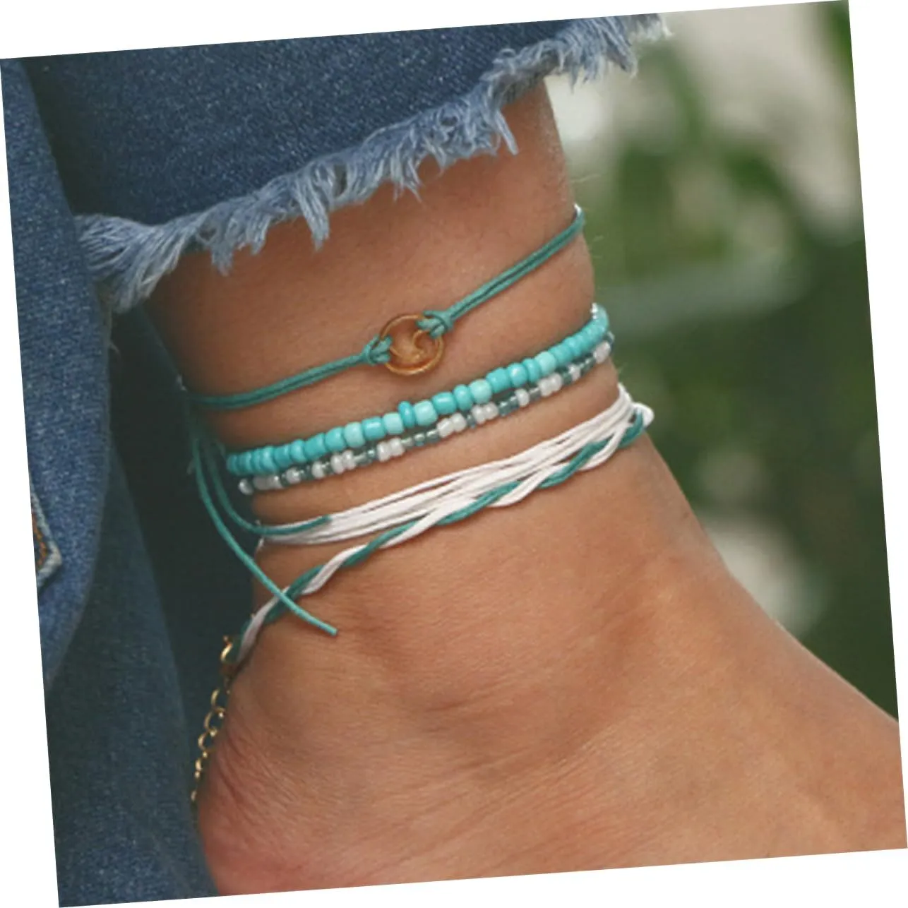 2pcs Anklet Foot Accessory Woven Chain Jewelry Beads Bracelet Leather Rope To Weave