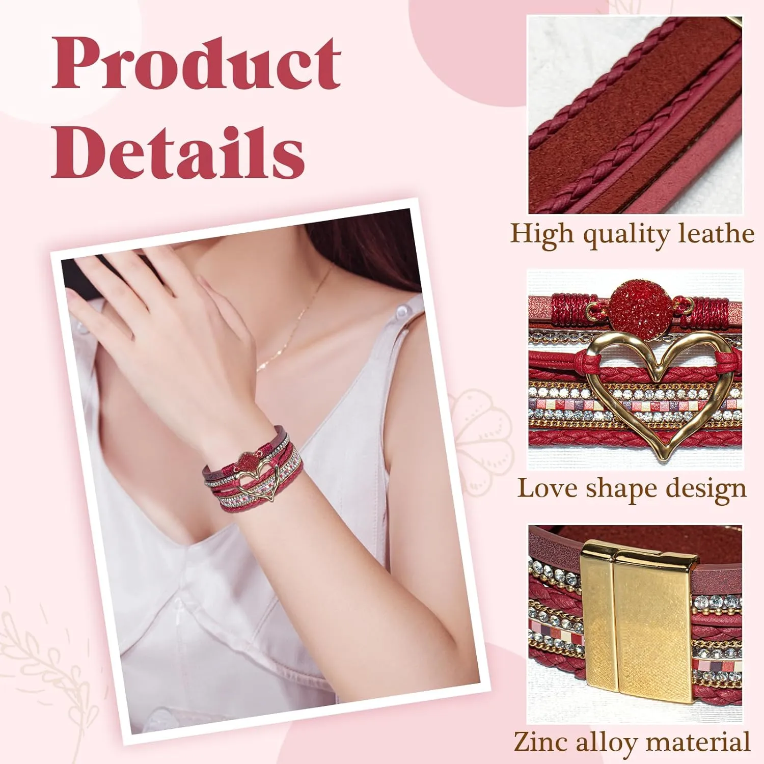 2Pcs Boho Bracelets Woven Leather Multi-Layer Wrap Bracelet Gold Love Heart Shape Inlaid Rhinestone Stackable Fashion Women Bracelet Jewelry