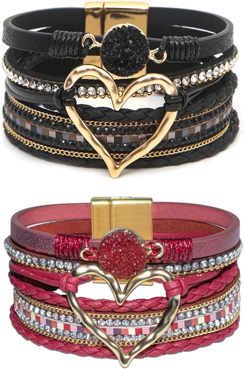 2Pcs Boho Bracelets Woven Leather Multi-Layer Wrap Bracelet Gold Love Heart Shape Inlaid Rhinestone Stackable Fashion Women Bracelet Jewelry
