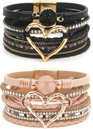 2Pcs Boho Bracelets Woven Leather Multi-Layer Wrap Bracelet Gold Love Heart Shape Inlaid Rhinestone Stackable Fashion Women Bracelet Jewelry