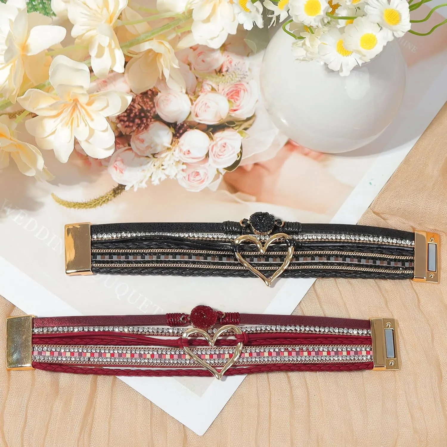 2Pcs Boho Bracelets Woven Leather Multi-Layer Wrap Bracelet Gold Love Heart Shape Inlaid Rhinestone Stackable Fashion Women Bracelet Jewelry
