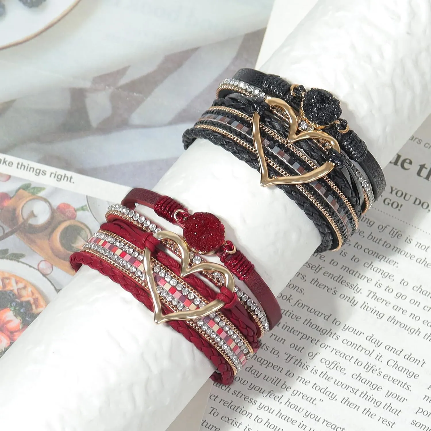 2Pcs Boho Bracelets Woven Leather Multi-Layer Wrap Bracelet Gold Love Heart Shape Inlaid Rhinestone Stackable Fashion Women Bracelet Jewelry