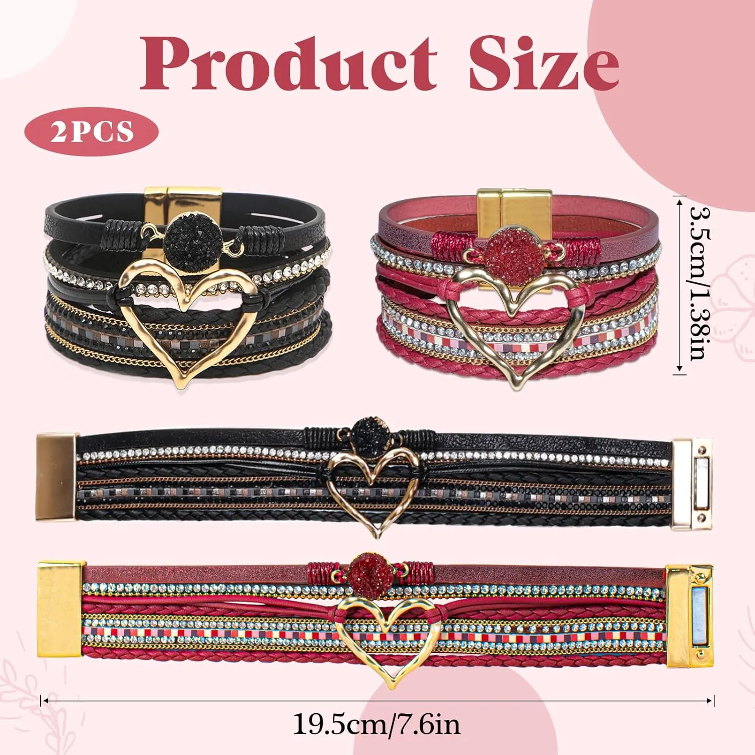 2Pcs Boho Bracelets Woven Leather Multi-Layer Wrap Bracelet Gold Love Heart Shape Inlaid Rhinestone Stackable Fashion Women Bracelet Jewelry