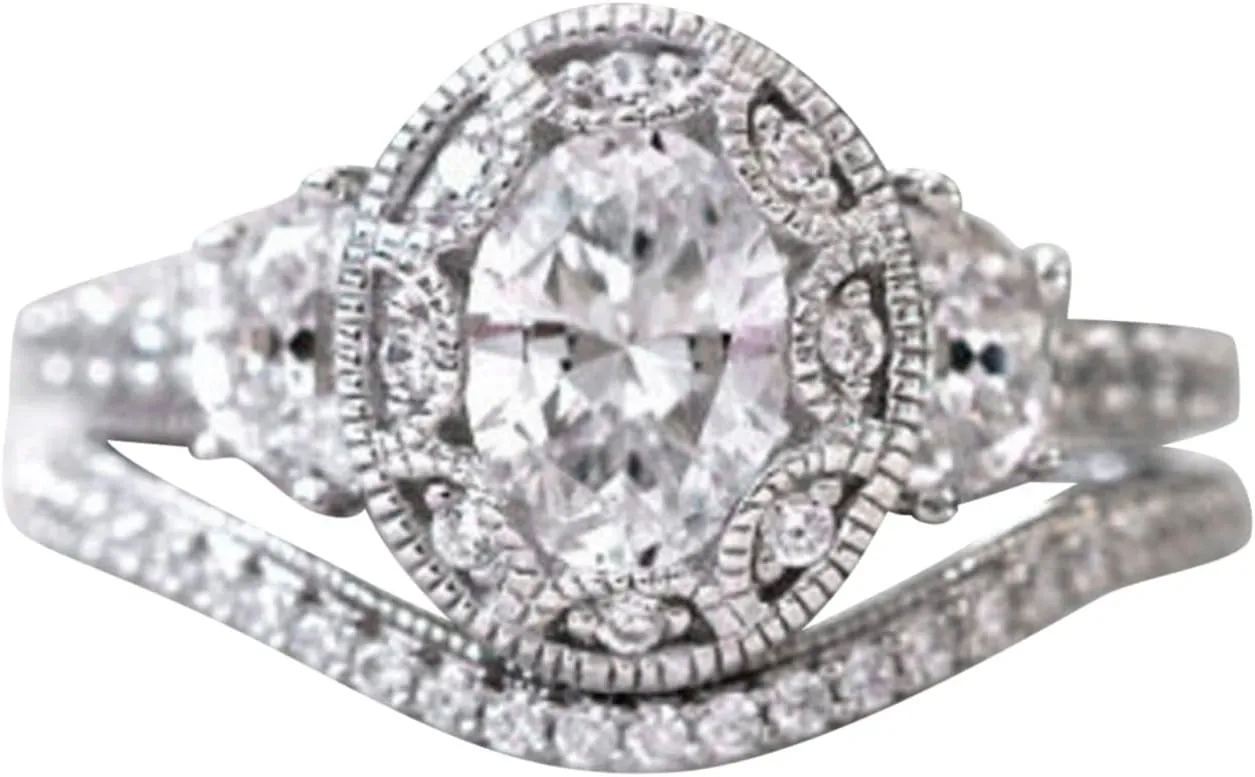 2pcs Women Inlaid Zircon Rings Set Exquisite Imitation Diamond Wedding Band Stackable Anniversary Ring (Silver, 9)