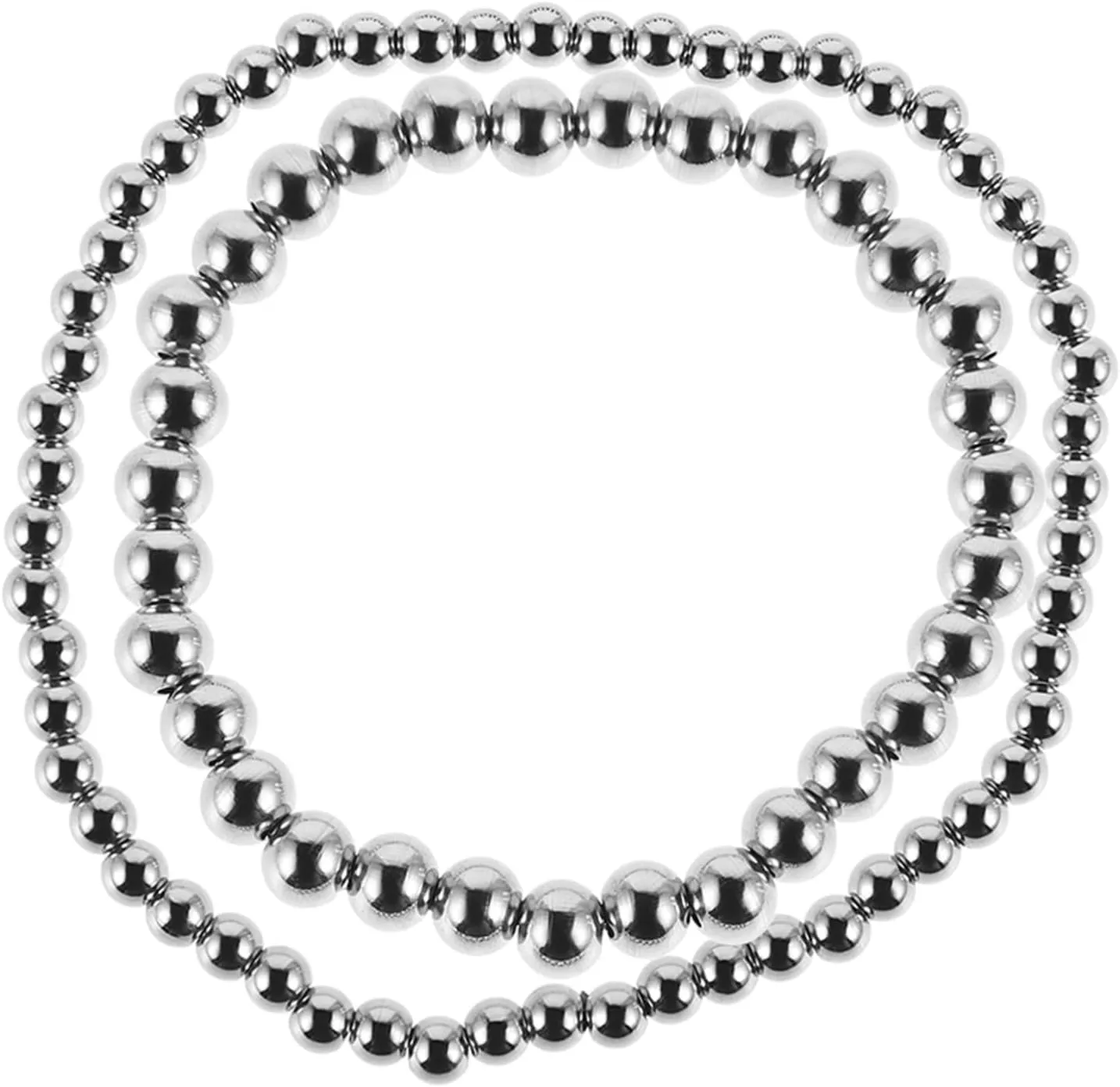 2pcs Women's Titanium Steel Bead Bracelet Set Small Large Size Stackable Stretchable Gold Plated for Everyday Wear
