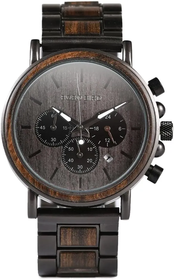2win Mens Wooden Watches Luxury Stainless Steel Wood Watch for Men Chronograph Quartz Watches