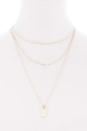 3 Layered Metal Chain Square Pendant Necklace