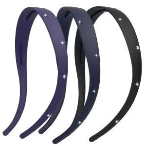 3 Pack Rhinstone Plastic Plain Headbands for Women, Headband Designed for Eyewear, Fashion Skinny Headbands with Teeth(Grey,Purple,Dark Blue)