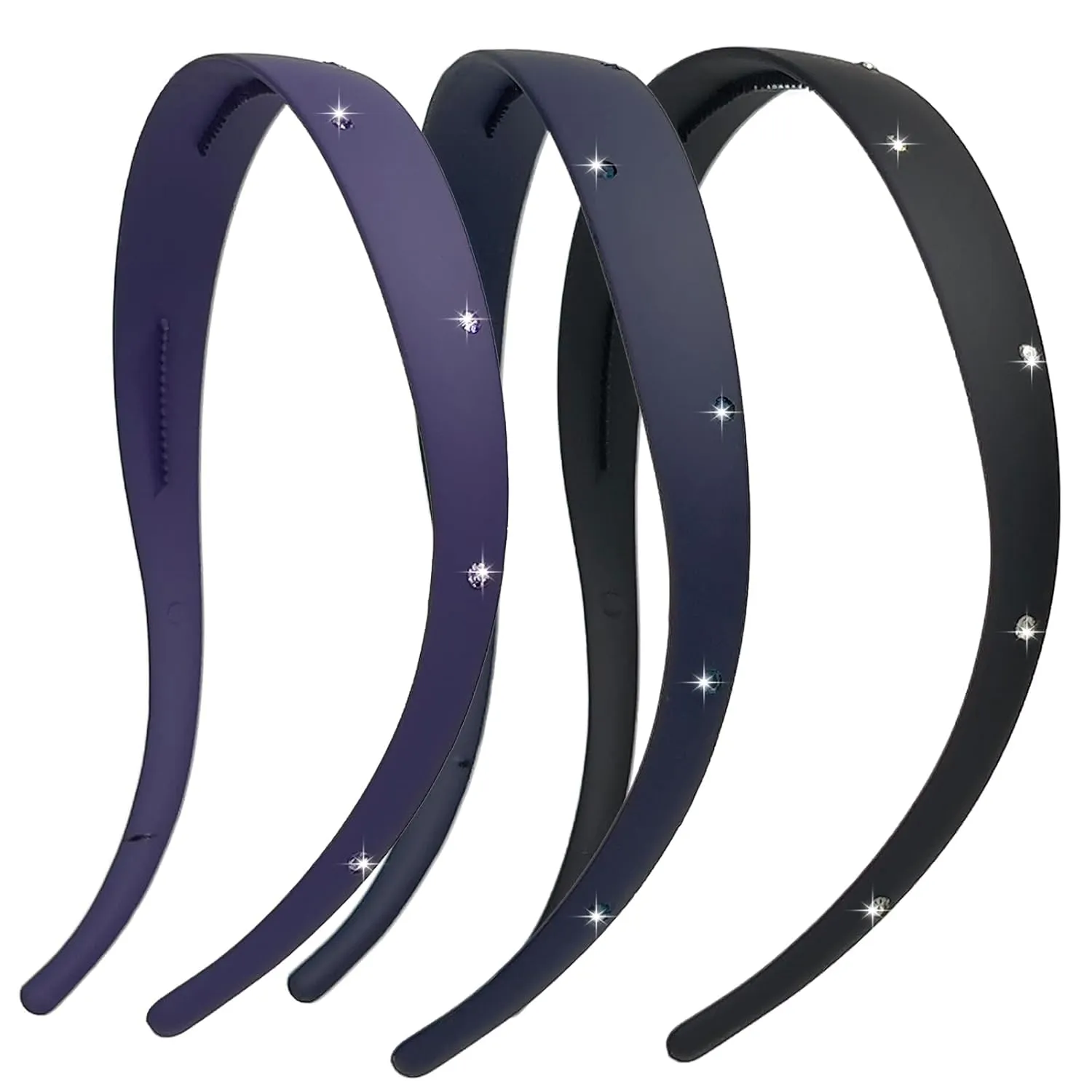 3 Pack Rhinstone Plastic Plain Headbands for Women, Headband Designed for Eyewear, Fashion Skinny Headbands with Teeth(Grey,Purple,Dark Blue)