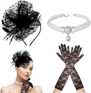 3 Pcs Fascinators Hats for Tea Party Headpiece with Pearl Choker Necklaces Black Lace Gloves, Pearl Gloves Vintage Hat for Women Black Veil for Funeral Derby Hat Dress Accessories Halloween Costume