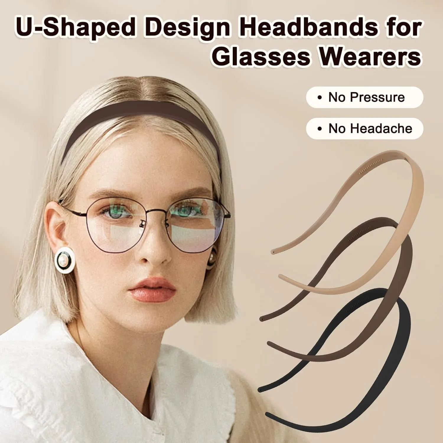 3 Pcs No Pressure Headbands for Women, Headbands for Glasses Wearers, Comfortable Sunglass Headband, Hair Band for Eyewear, No Headache Headband with Teeth, Matte Black Coffee Khaki