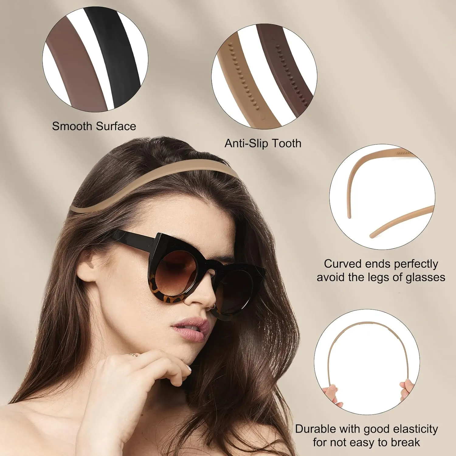 3 Pcs No Pressure Headbands for Women, Headbands for Glasses Wearers, Comfortable Sunglass Headband, Hair Band for Eyewear, No Headache Headband with Teeth, Matte Black Coffee Khaki