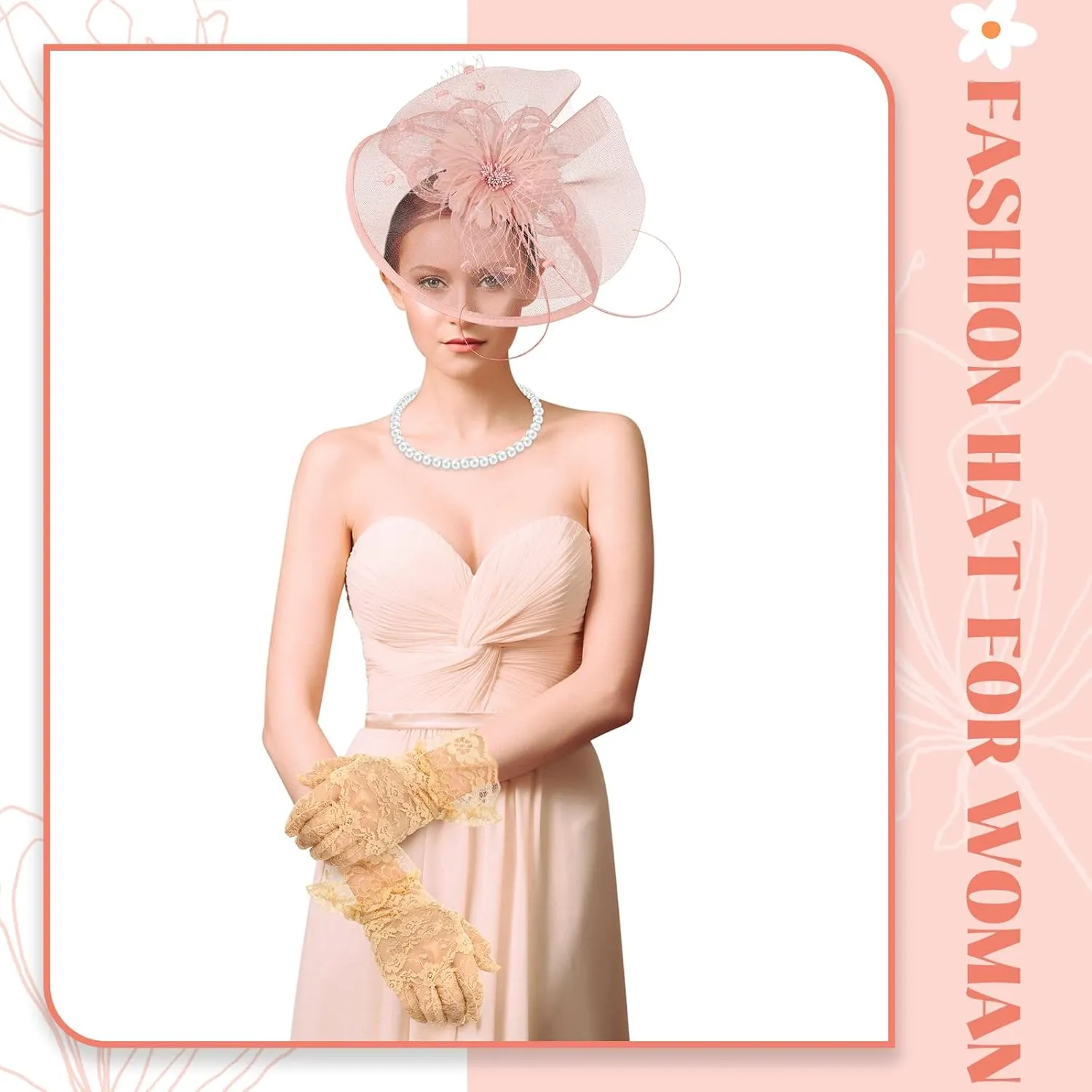 3 Pieces Fascinators Hats for Women Tea Party Hat Feathers Veil Mesh Hat Lace Gloves Pearl Choker Necklace Set for Wedding