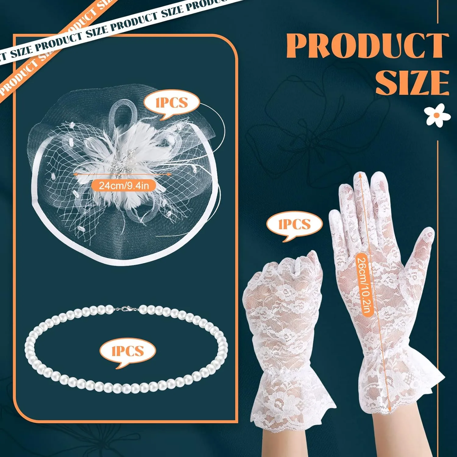 3 Pieces Fascinators Hats for Women Tea Party Hat Feathers Veil Mesh Hat Lace Gloves Pearl Choker Necklace Set for Wedding