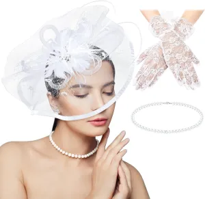 3 Pieces Fascinators Hats for Women Tea Party Hat Feathers Veil Mesh Hat Lace Gloves Pearl Choker Necklace Set for Wedding