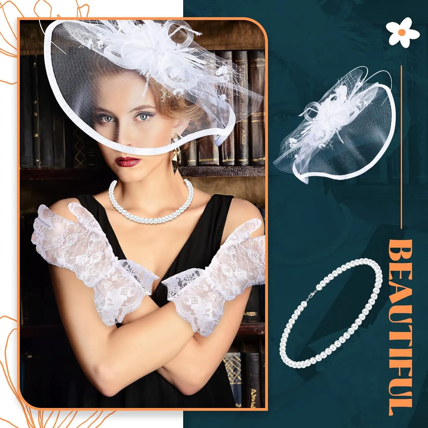 3 Pieces Fascinators Hats for Women Tea Party Hat Feathers Veil Mesh Hat Lace Gloves Pearl Choker Necklace Set for Wedding