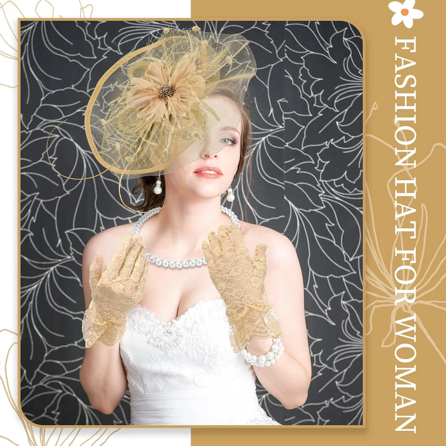3 Pieces Fascinators Hats for Women Tea Party Hat Feathers Veil Mesh Hat Lace Gloves Pearl Choker Necklace Set for Wedding
