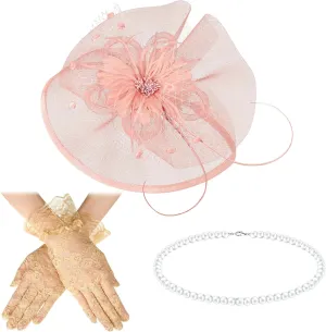3 Pieces Fascinators Hats for Women Tea Party Hat Feathers Veil Mesh Hat Lace Gloves Pearl Choker Necklace Set for Wedding