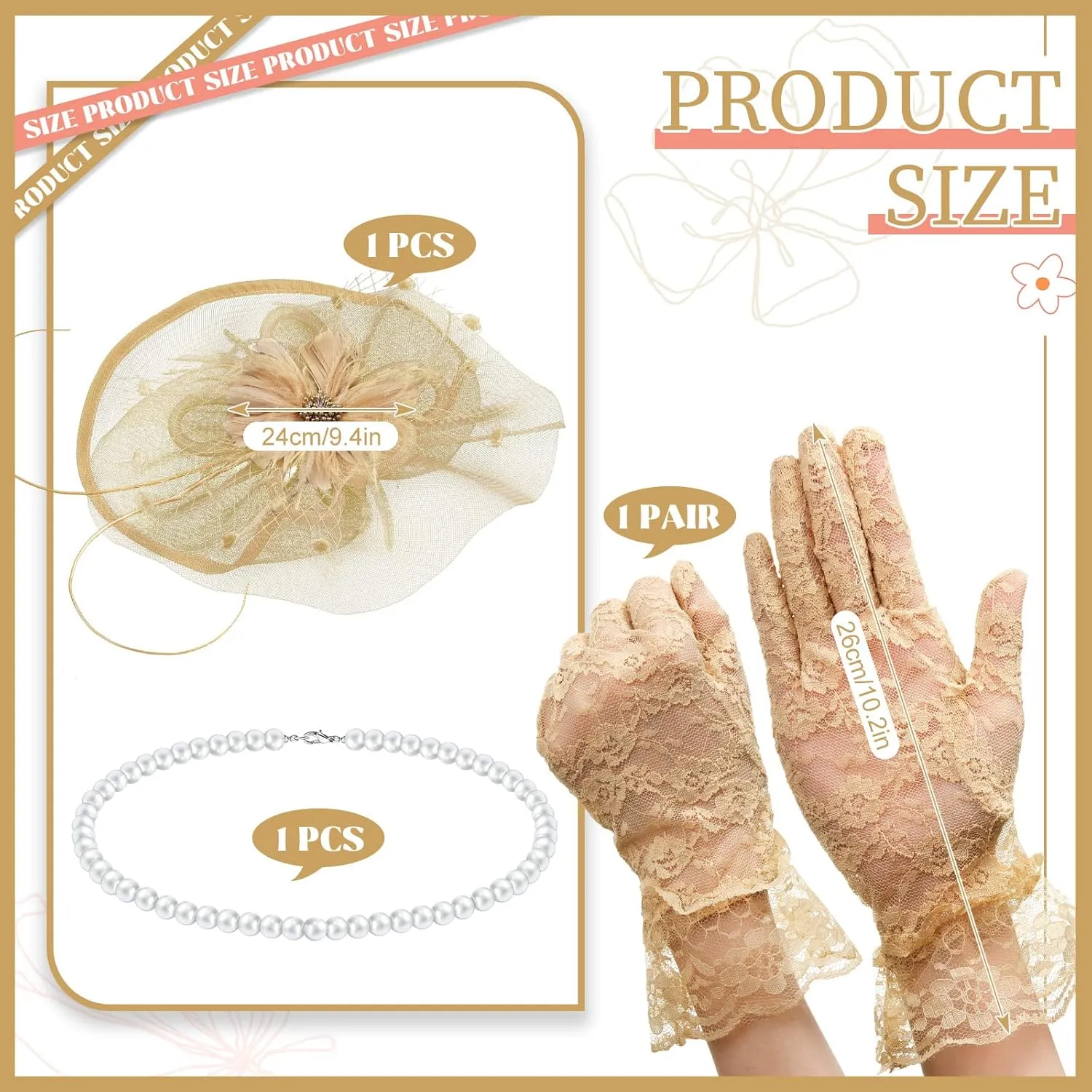 3 Pieces Fascinators Hats for Women Tea Party Hat Feathers Veil Mesh Hat Lace Gloves Pearl Choker Necklace Set for Wedding