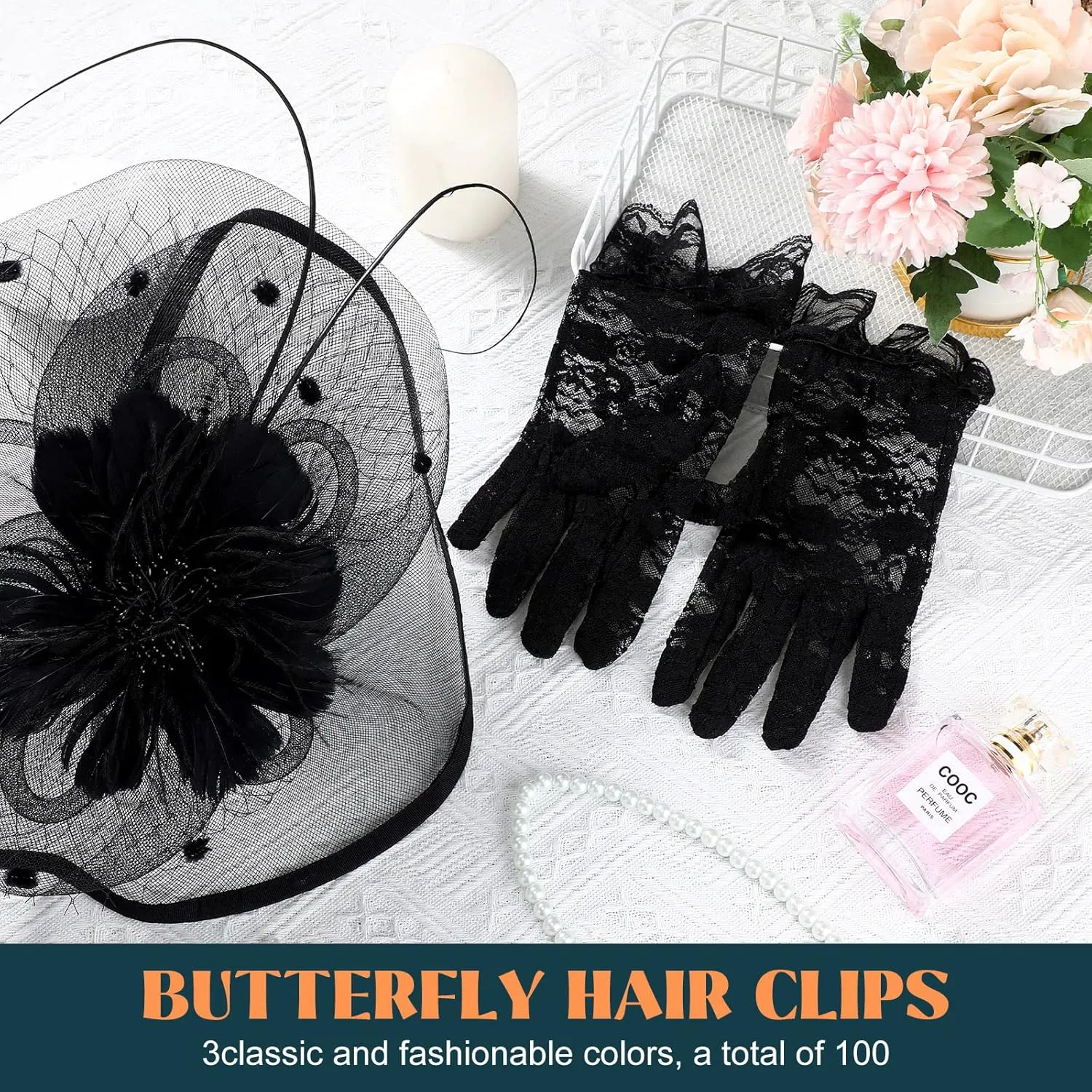 3 Pieces Fascinators Hats for Women Tea Party Hat Feathers Veil Mesh Hat Lace Gloves Pearl Choker Necklace Set for Wedding
