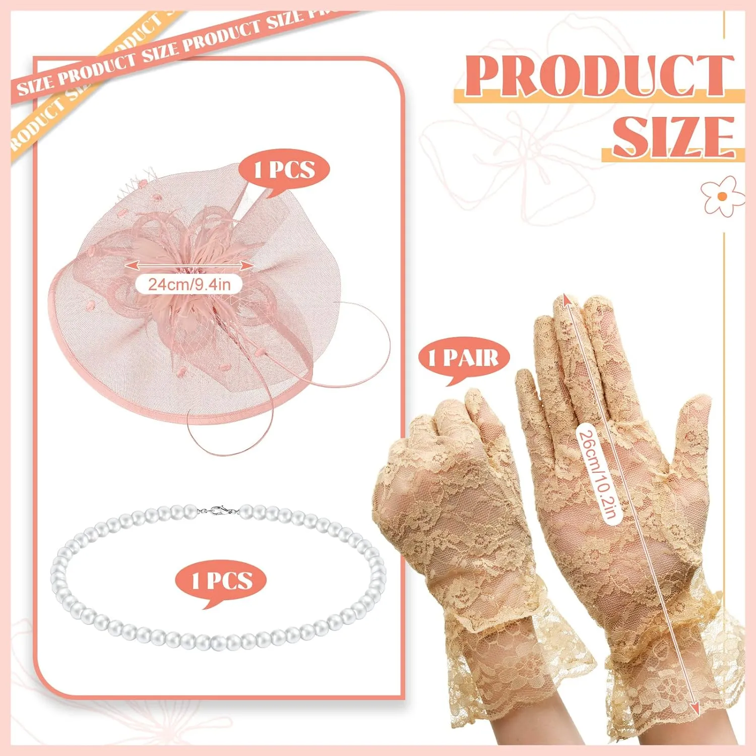 3 Pieces Fascinators Hats for Women Tea Party Hat Feathers Veil Mesh Hat Lace Gloves Pearl Choker Necklace Set for Wedding