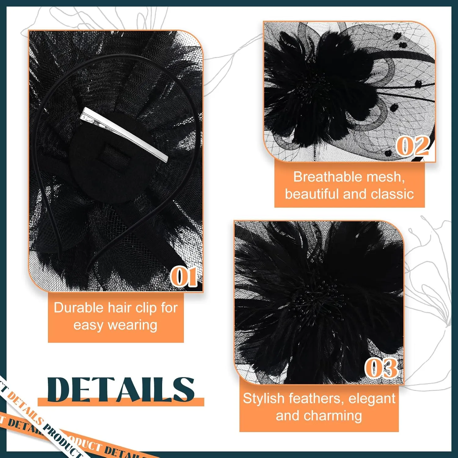 3 Pieces Fascinators Hats for Women Tea Party Hat Feathers Veil Mesh Hat Lace Gloves Pearl Choker Necklace Set for Wedding