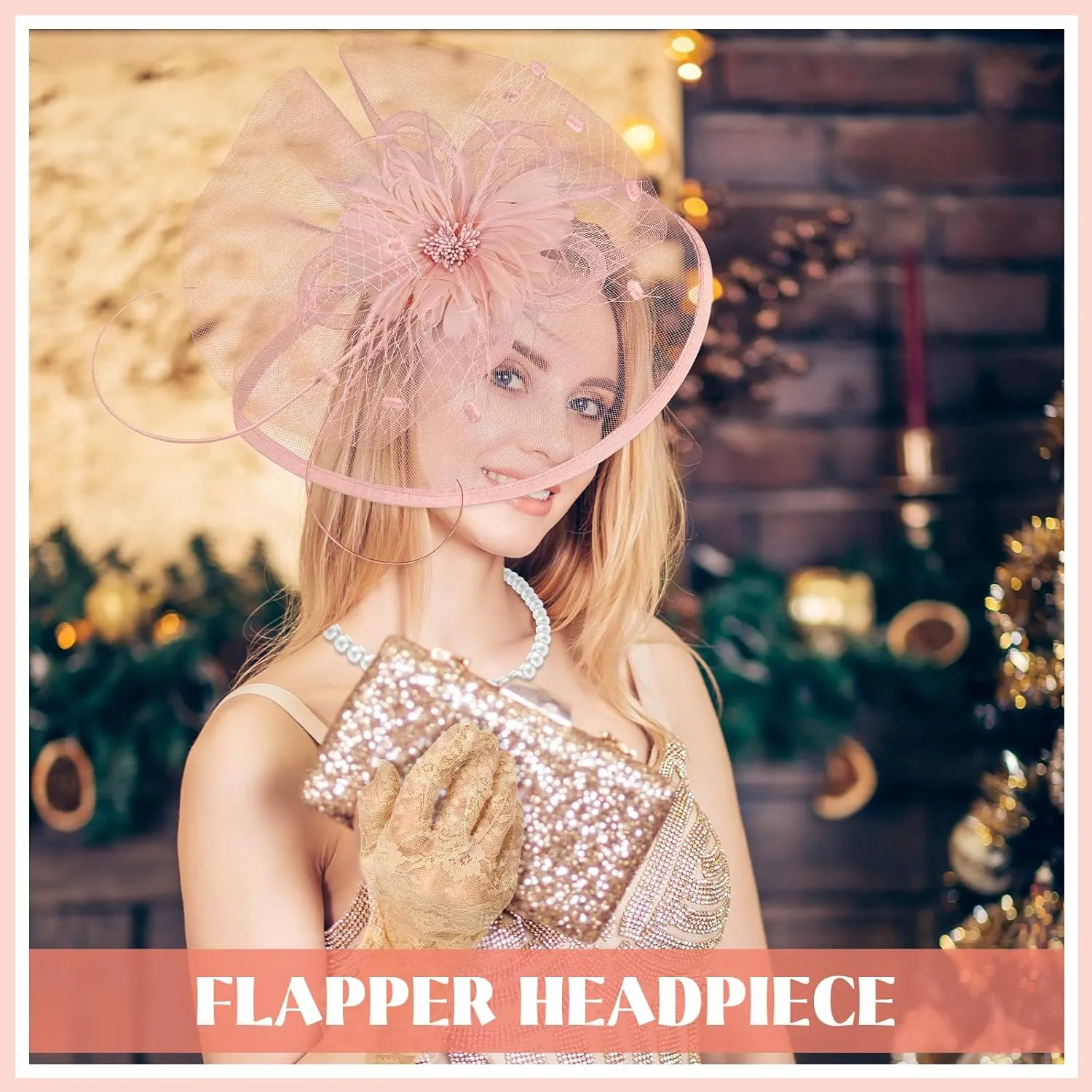 3 Pieces Fascinators Hats for Women Tea Party Hat Feathers Veil Mesh Hat Lace Gloves Pearl Choker Necklace Set for Wedding