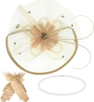 3 Pieces Fascinators Hats for Women Tea Party Hat Feathers Veil Mesh Hat Lace Gloves Pearl Choker Necklace Set for Wedding
