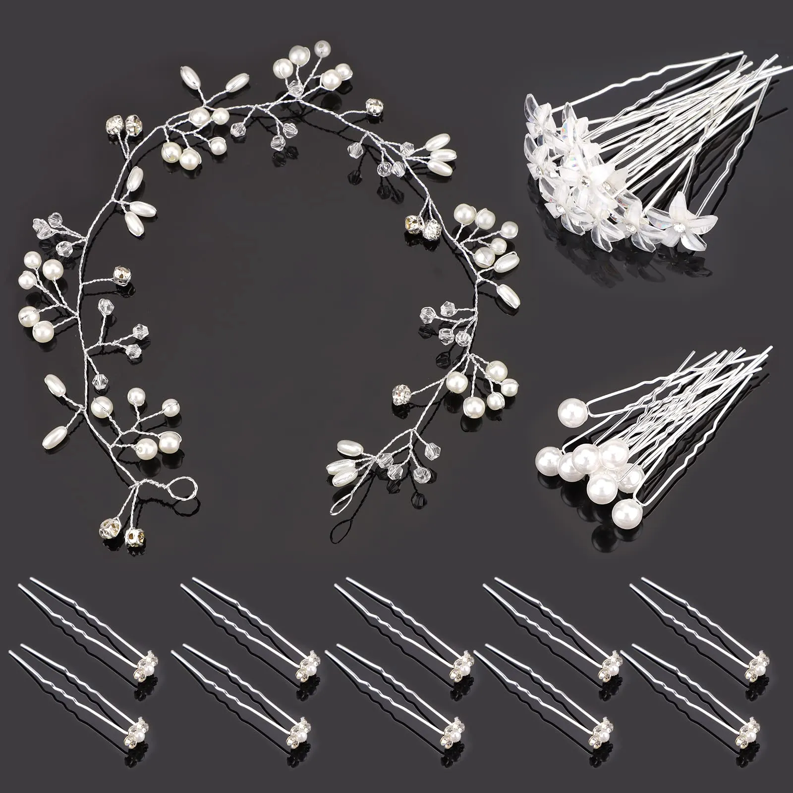 30 pcs Crystal Flower Hair Pin and 1 Pearl Crystal Headband Bridal Flower Crystal Rhinestone U Shaped Hair Pins Wedding Hair Accessories Pearl Flower Hairpins Accessory Everyday Wear Women Girls Style A