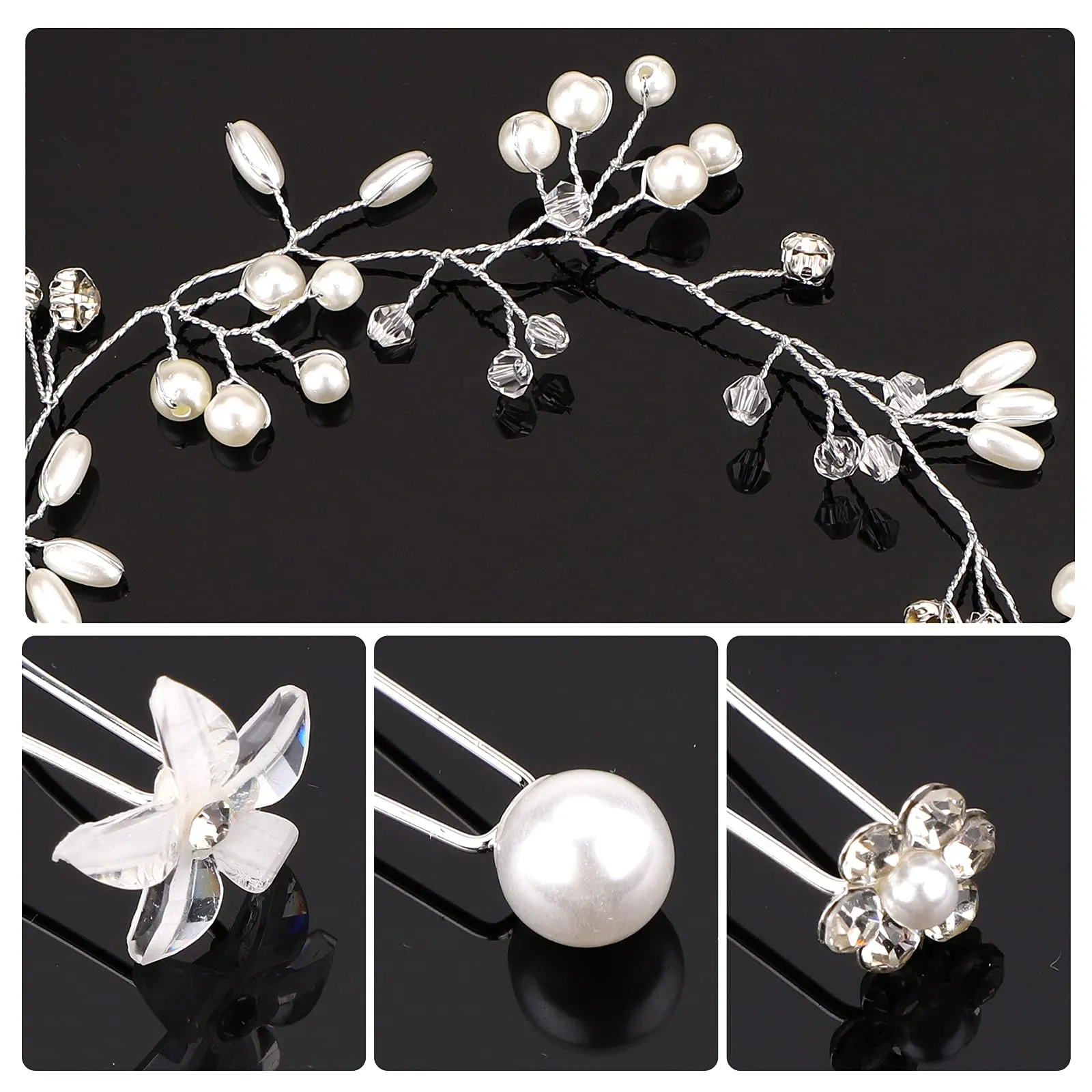 30 pcs Crystal Flower Hair Pin and 1 Pearl Crystal Headband Bridal Flower Crystal Rhinestone U Shaped Hair Pins Wedding Hair Accessories Pearl Flower Hairpins Accessory Everyday Wear Women Girls Style A