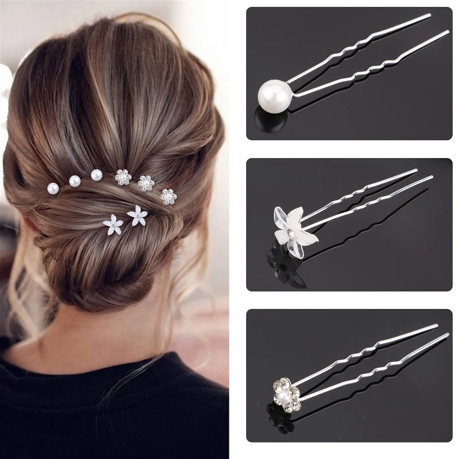 30 pcs Crystal Flower Hair Pin and 1 Pearl Crystal Headband Bridal Flower Crystal Rhinestone U Shaped Hair Pins Wedding Hair Accessories Pearl Flower Hairpins Accessory Everyday Wear Women Girls Style A