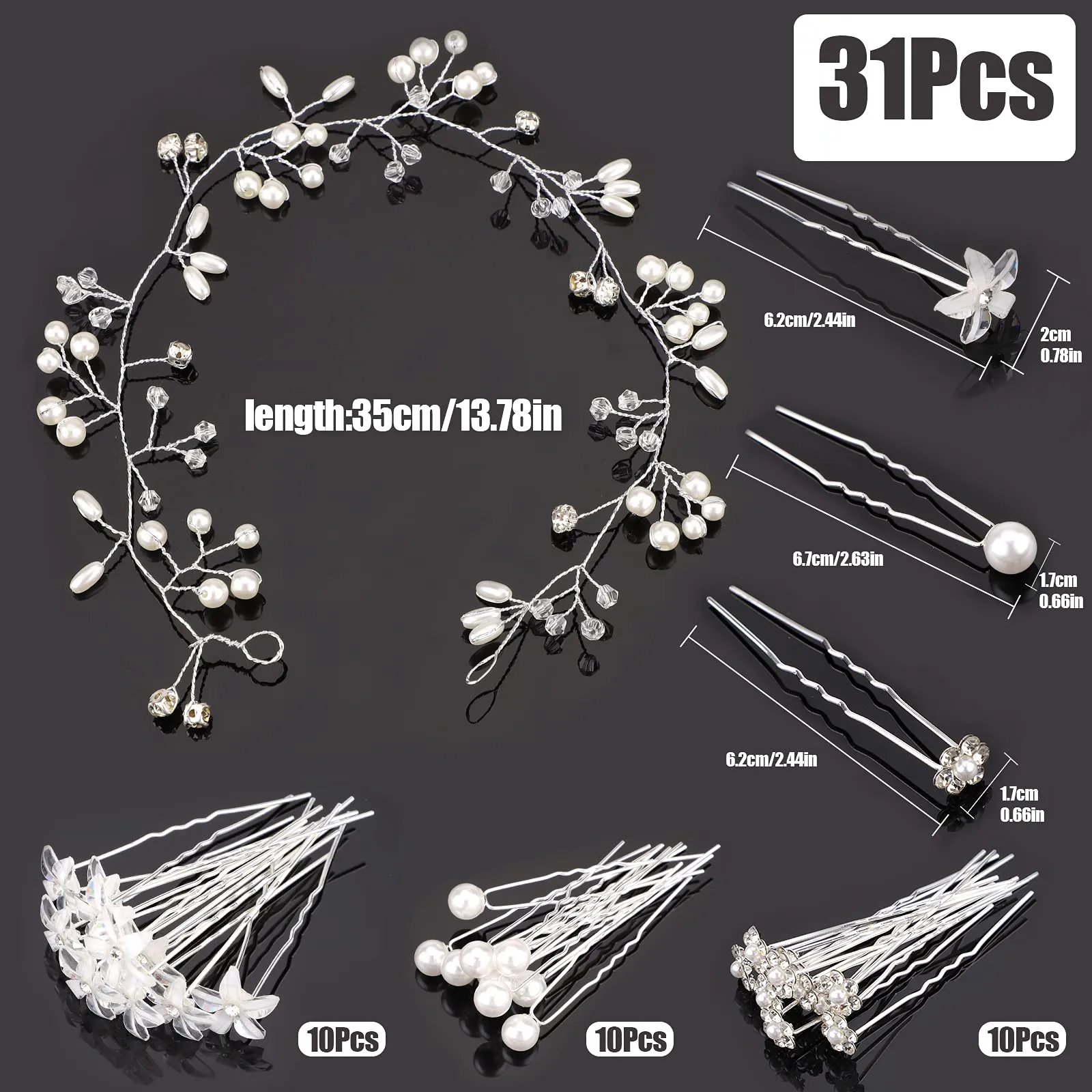30 pcs Crystal Flower Hair Pin and 1 Pearl Crystal Headband Bridal Flower Crystal Rhinestone U Shaped Hair Pins Wedding Hair Accessories Pearl Flower Hairpins Accessory Everyday Wear Women Girls Style A
