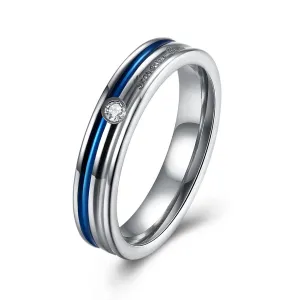 316L Stainless Steel Mini Stone Blue Plating Thin Cut Band Ring