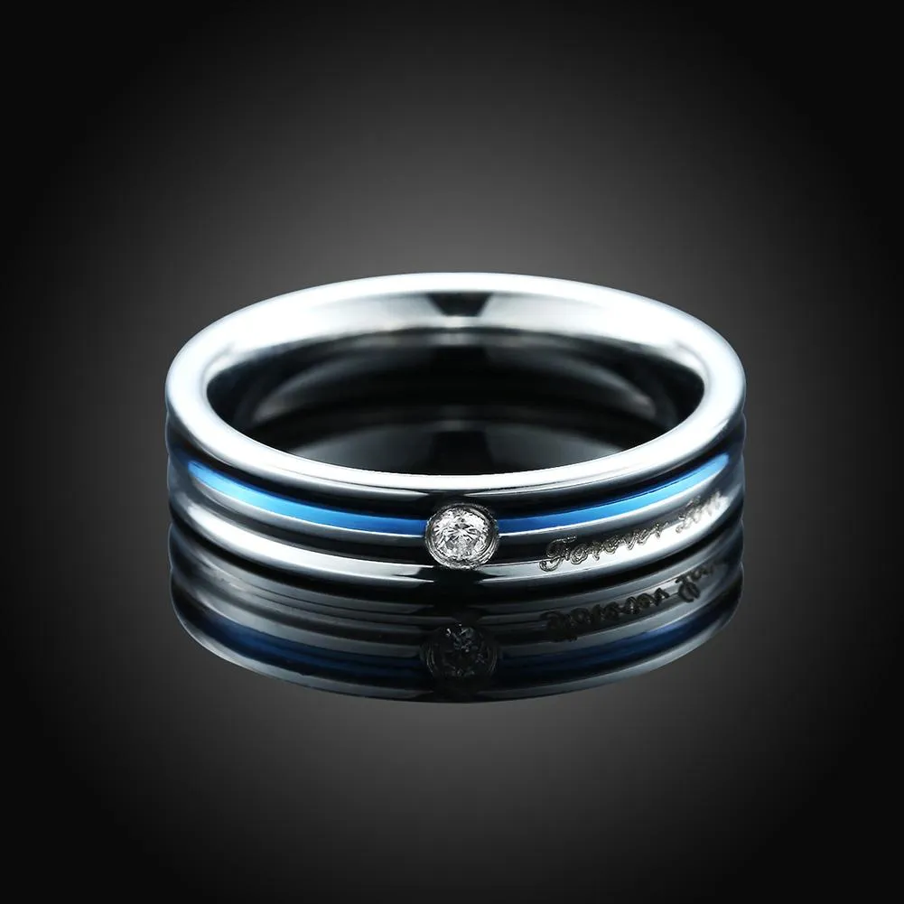 316L Stainless Steel Mini Stone Blue Plating Thin Cut Band Ring
